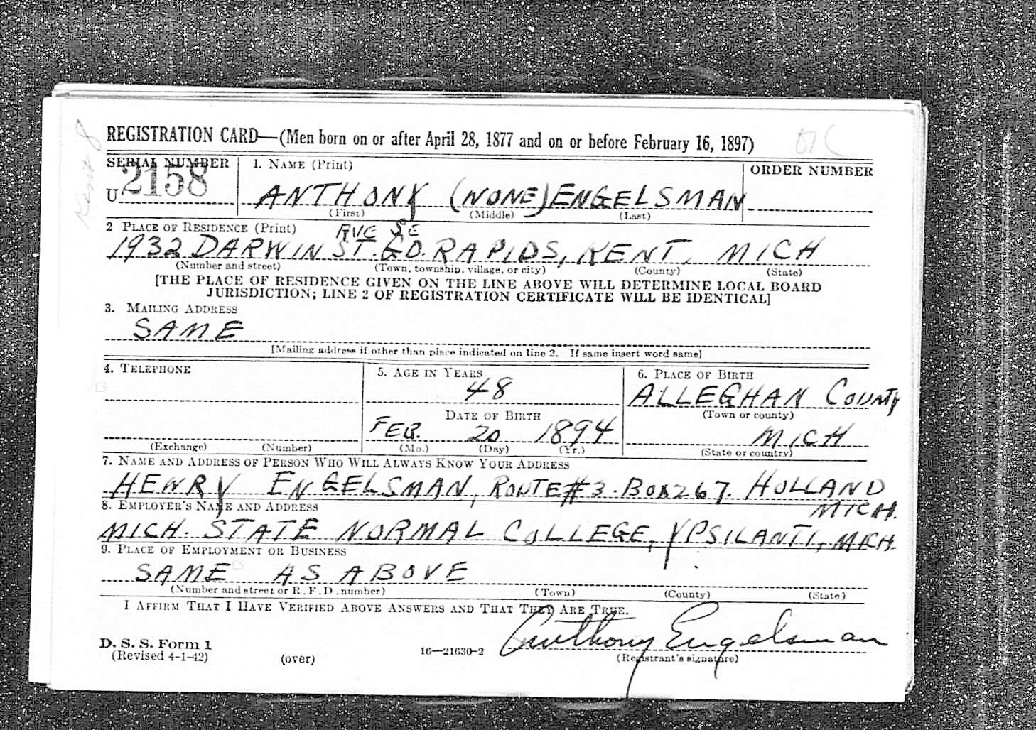 WWII Registration Card 1/2