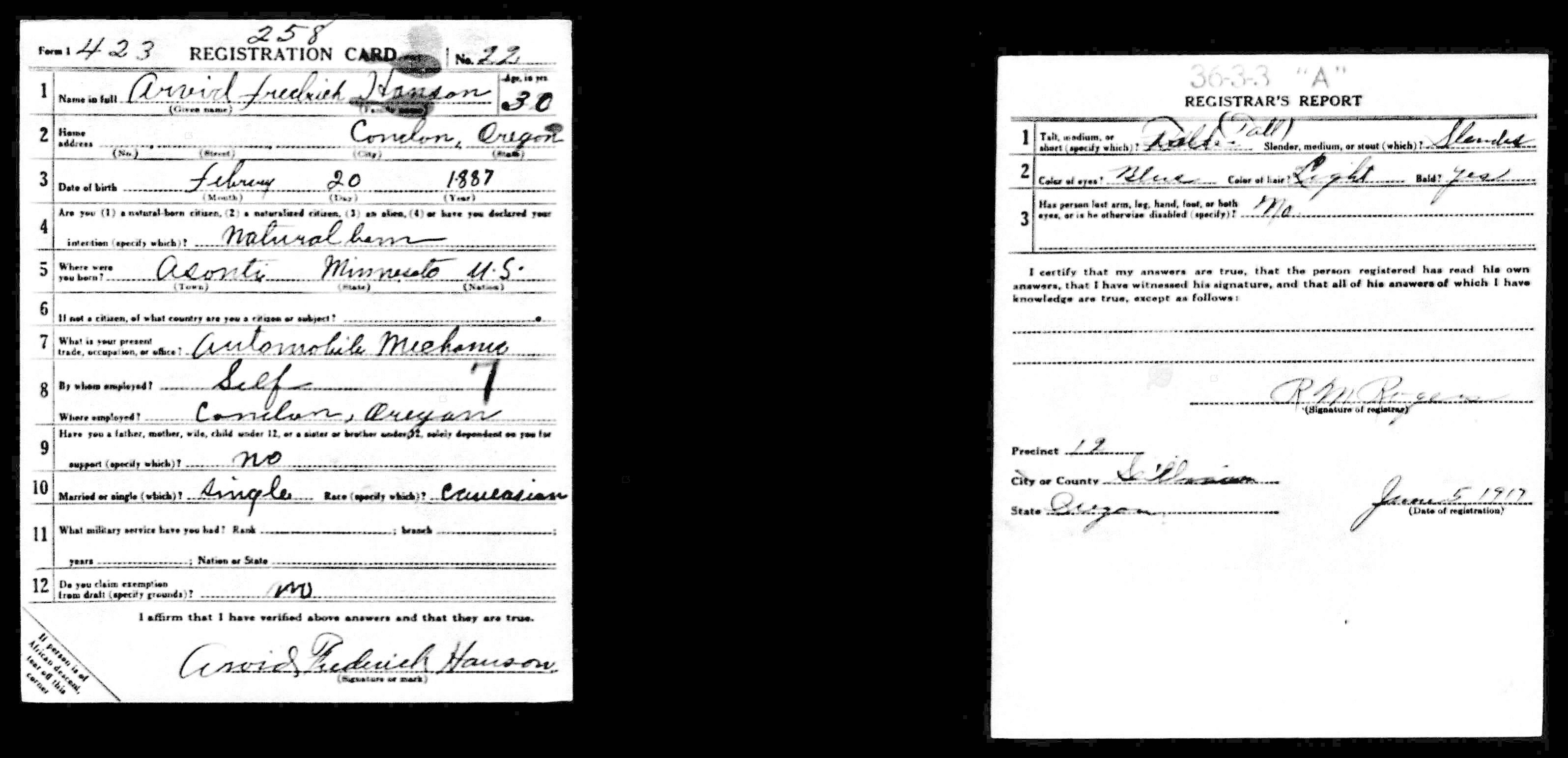 Arvid Hanson, WWI Draft Registration Card